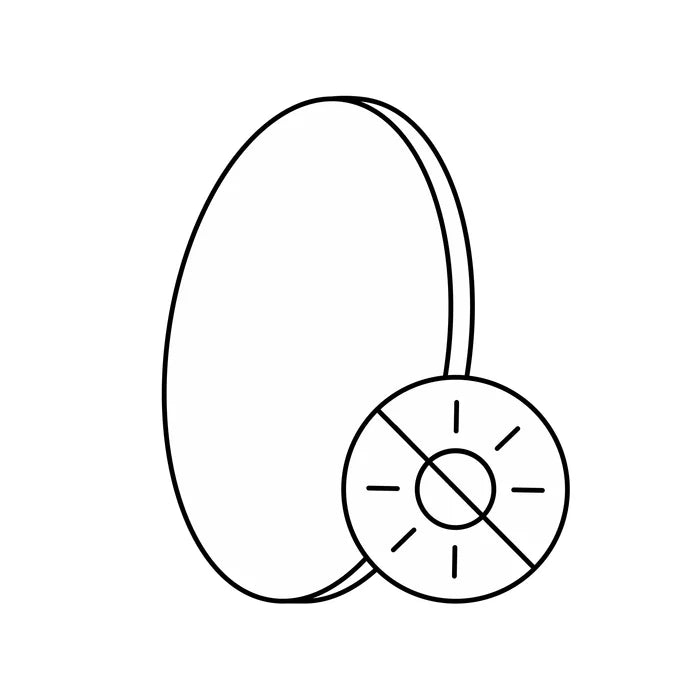 Line art icon of an oval lens with a circle containing a sun symbol crossed out, indicating non-polarized lenses