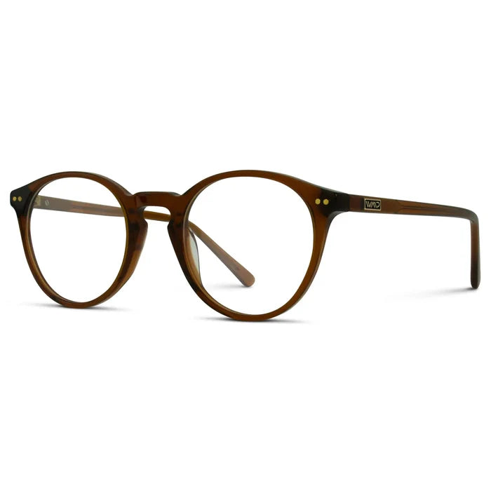 Crystal Chestnut Brown || Side view of Men's Round Prescription Glasses with Crystal Chestnut Brown Frame and Clear Lenses on a white background