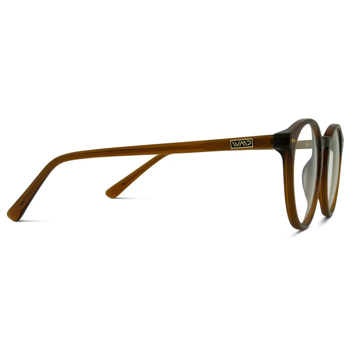 Crystal Chestnut Brown || Temple view of Men's Round Prescription Glasses with Crystal Chestnut Brown Frame and Clear Lenses on a white background