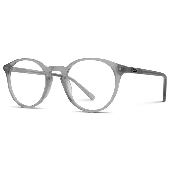 Cloudy Grey || Side view of Men's Round Prescription Glasses with Cloudy Grey Frame and Clear Lenses on a white background