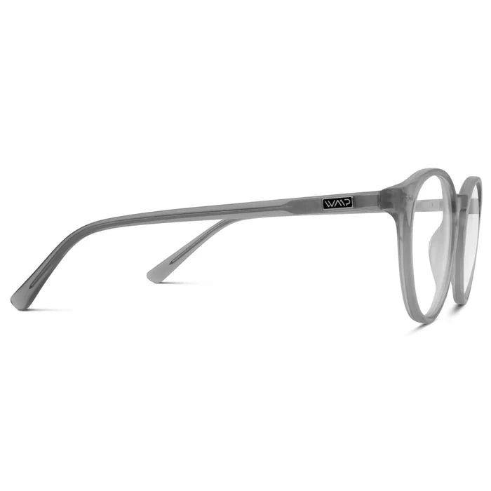 Cloudy Grey || Temple view of Men's Round Prescription Glasses with Cloudy Grey Frame and Clear Lenses on a white background