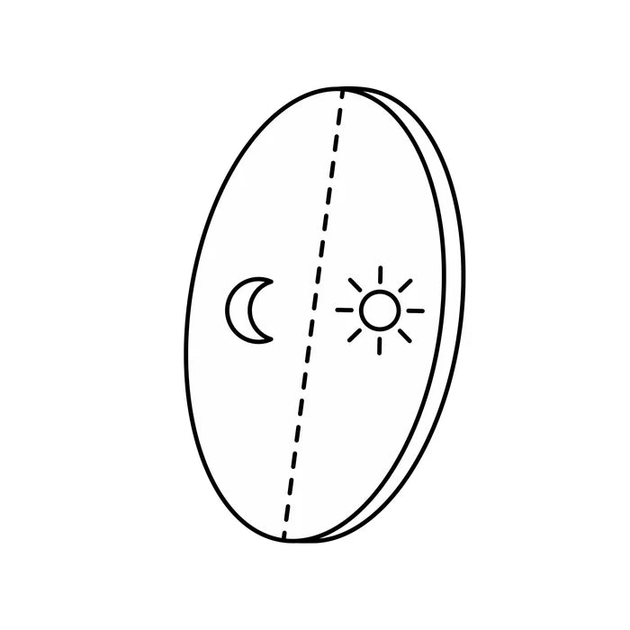 Line art icon of an oval lens split by a dashed line, with a moon symbol on the left and a sun symbol on the right, representing lenses that transition between indoor and outdoor light