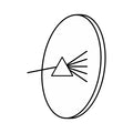 A minimalist black line icon depicting a circular lens or dish with a triangular prism and radiating lines, set against a solid white background.
