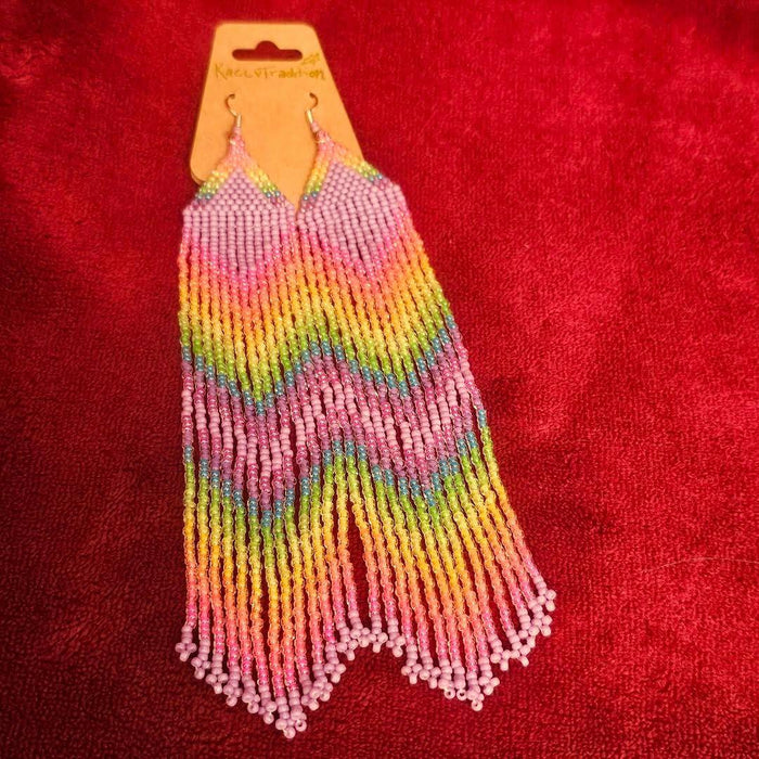Purple and Neon Individually Beaded Long EARRINGS
