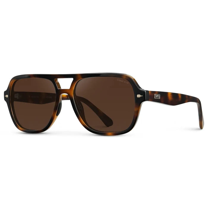 Brown Tortoise / Dark Brown Lens || Side view of Women's Flat-Top Aviator Sunglasses with Brown Tortoise Frame and Dark Brown Lens on a white background