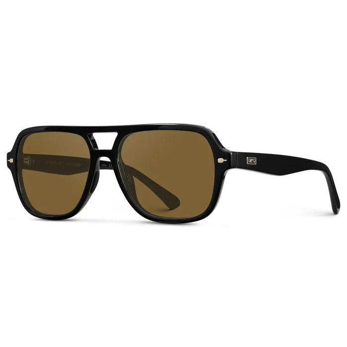 Black / Amber || Side view of Women's Flat-Top Aviator Prescription Sunglasses with Black Frame and Brown Lens on a white background