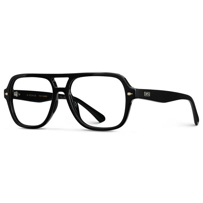 Black || Side view of Women's Flat-Top Aviator Prescription Eyeglasses with Black Frame and Clear Lens on a white background