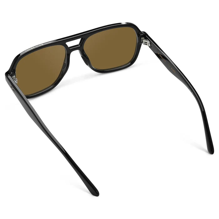 Black / Amber || Back view of Women's Flat-Top Aviator Prescription Sunglasses with Black Frame and Brown Lens on a white background