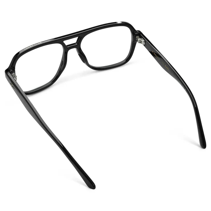Black || Back view of Women's Flat-Top Aviator Prescription Eyeglasses with Black Frame and Clear Lens on a white background