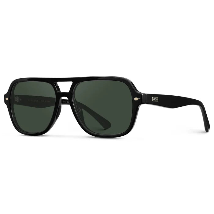 Black / G15 || Side view of Women's Flat-Top Aviator Prescription Sunglasses with Black Frame and Green Lens on a white background