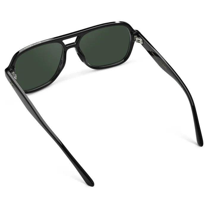 Black / G15 || Back view of Women's Flat-Top Aviator Prescription Sunglasses with Black Frame and Green Lens on a white background