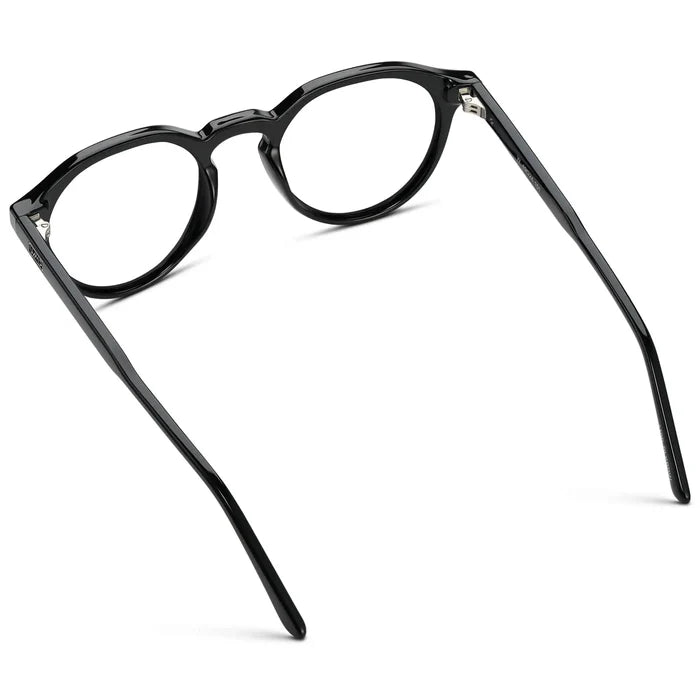 Black || Back view of Men's Round Prescription Glasses with Black Acetate Frame and Clear Lenses on a white background
