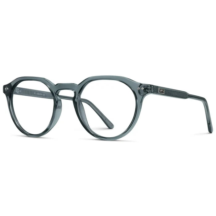 Crystal Stone Blue || Side view of Men's Round Prescription Glasses with Crystal Stone Blue Acetate Frame and Clear Lenses on a white background