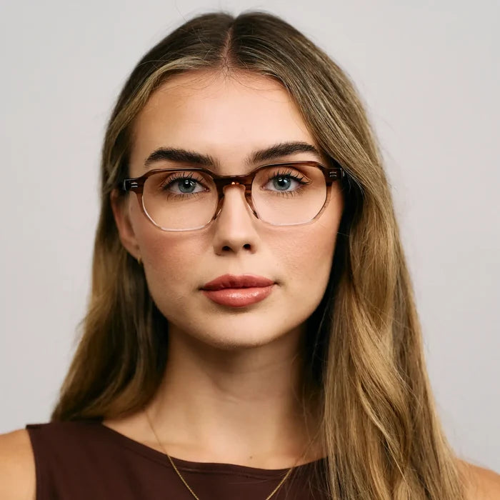Pale Cedar Brown || Model wearing Unisex Geometric Rectangular Prescription Eyeglasses with Dual-Tone Pale Cedar Brown Acetate Frame and Clear Lens