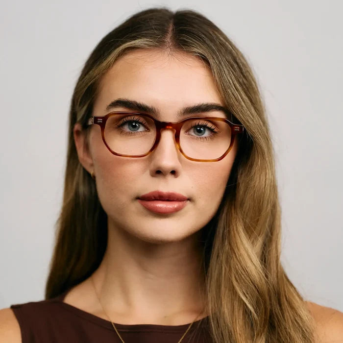 Honey Tortoise || Model wearing Unisex Geometric Rectangular Prescription Eyeglasses with Honey Tortoise Acetate Frame and Clear Lens