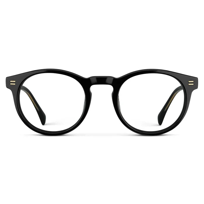 Black || Front view of Men's Round Prescription Eyeglasses with Black Frame and Clear Lens on a white background