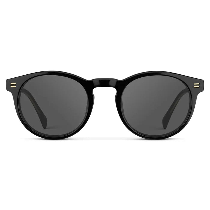 Black / Grey || Front view of Men's Round Prescription Sunglasses with Black Frame and Grey Lens on a white background