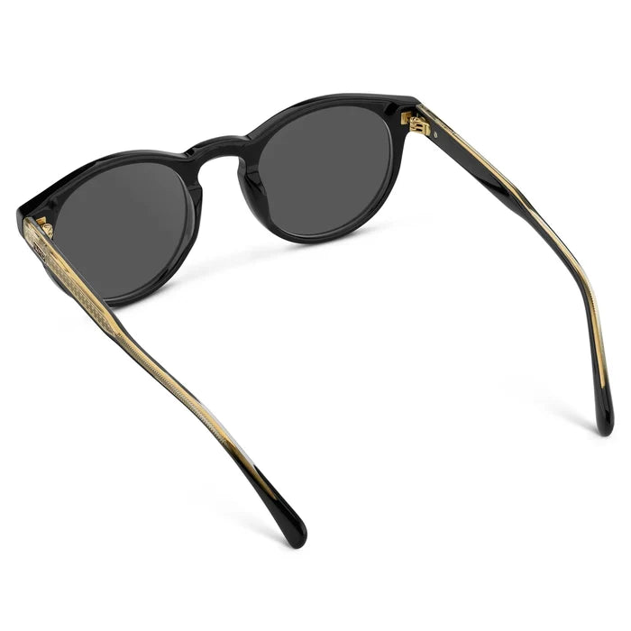 Black / Grey || Back view of Men's Round Prescription Sunglasses with Black Frame and Grey Lens on a white background