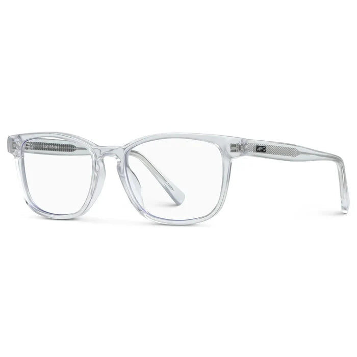 Clear || Side view of Women's Rectangular Blue Light Blocking Glasses with Clear Acetate Frame and Clear Lens on a white background