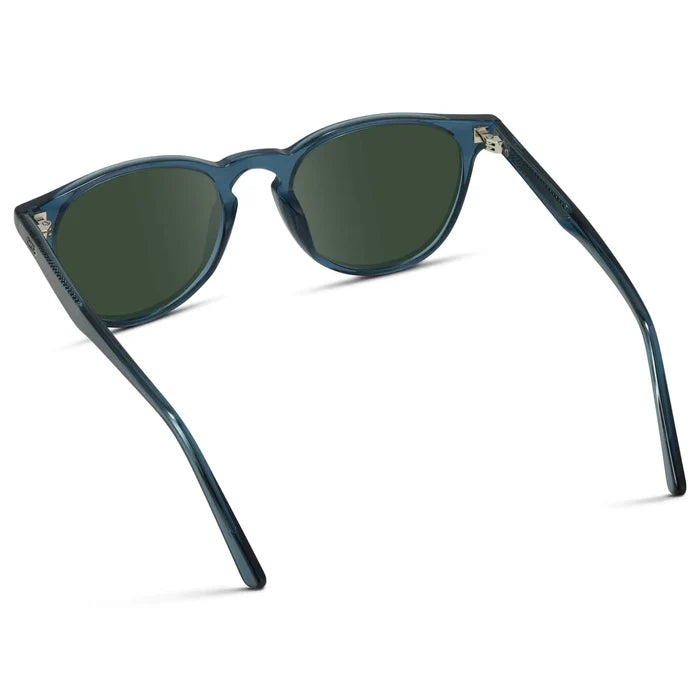 Crystal Cobalt / G15 || Back view of Men's Round Prescription Sunglasses with Crystal Cobalt Frame and Green Lenses on a white background