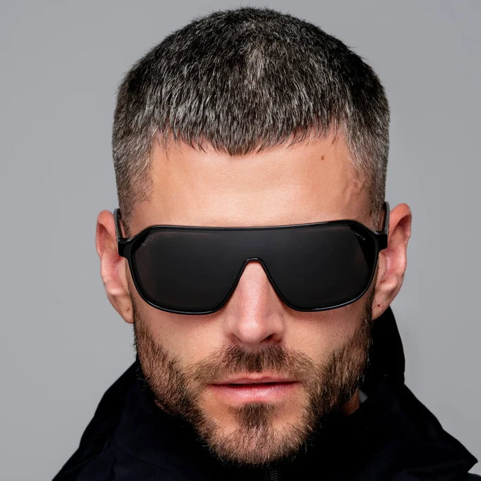 Black / Black Lens || Men's Rectangular Aviator Shield Sunglasses with Black Acetate Frame and Black Polarized Lens