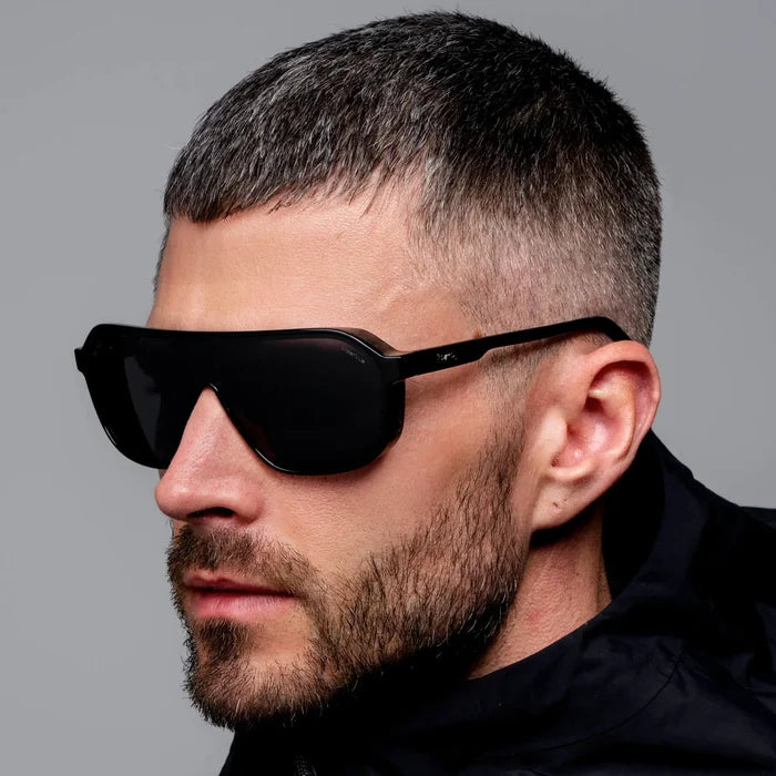 Black / Black Lens || Men's Rectangular Aviator Shield Sunglasses with Black Acetate Frame and Black Polarized Lens
