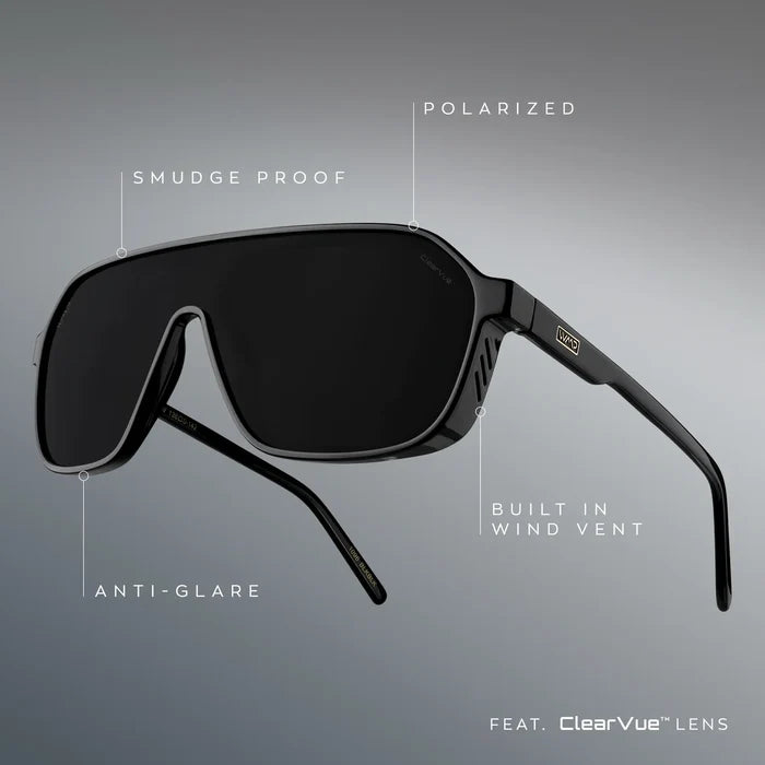 Black / Black Lens || infographic of black frame polarized black lenses that are smudge proof, offer anti-glare, and have shield guards with vents on each side of the frame.