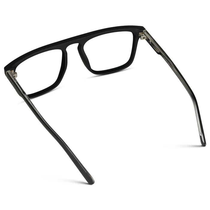 Matte Black || Back view of Men's Oversized Square Prescription Glasses with Black Frames and Clear Lenses on a white background