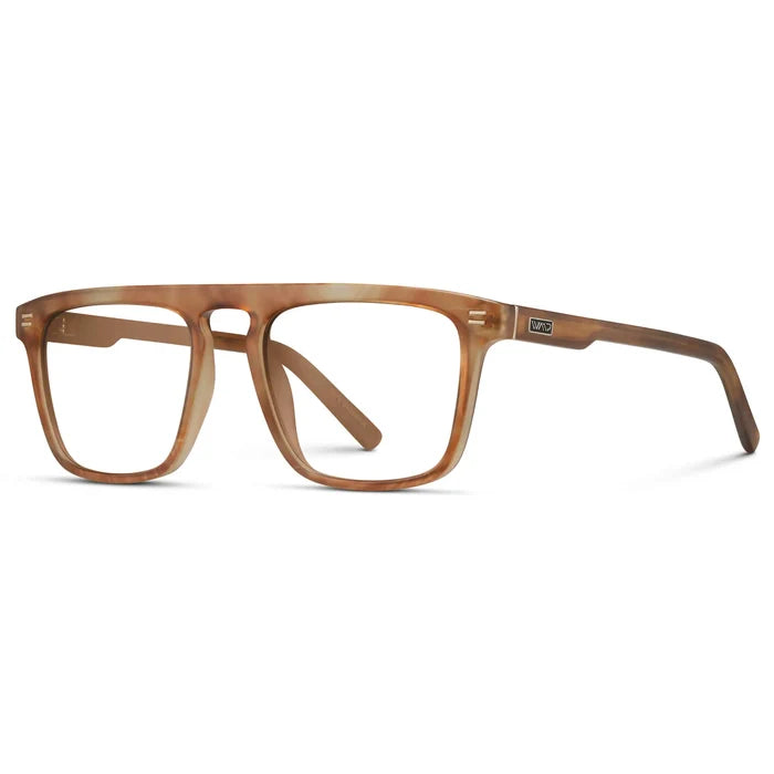Frosted Oakwood Brown || Side view of Men's Oversized Square Prescription Glasses with Frosted Oakwood Brown Frames and Clear Lenses on a white background