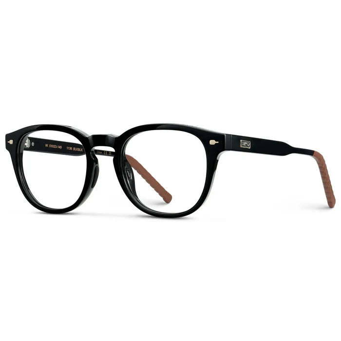 Black || Side view of Men's Round Prescription Eyeglasses with Black Frame and Clear Oval Lens on a white background