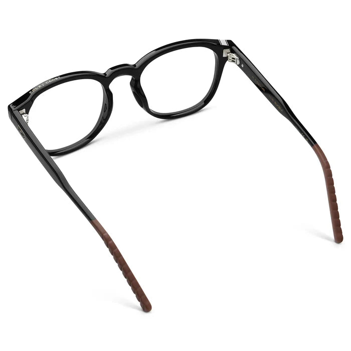Black || Back view of Men's Round Prescription Eyeglasses with Black Frame and Clear Oval Lens on a white background