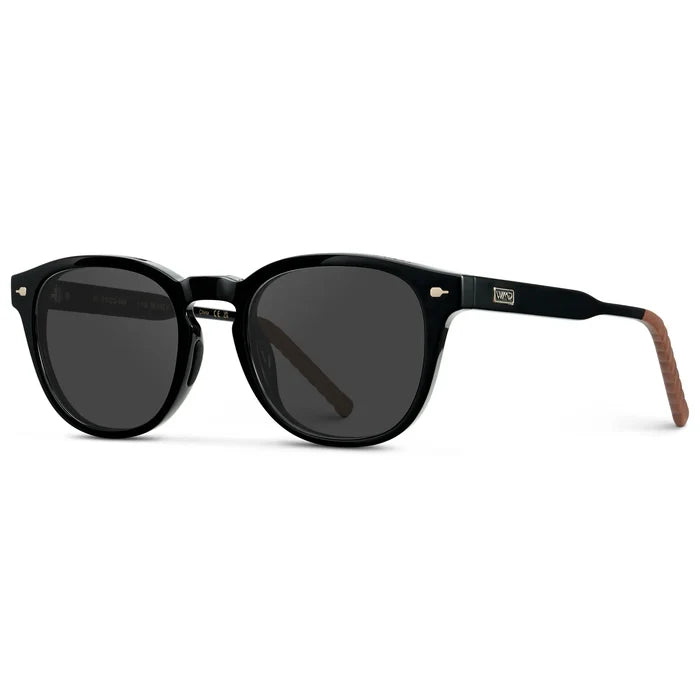 Black / Grey || Side view of Men's Round Prescription Sunglasses with Black Frame and Grey Oval Lens on a white background
