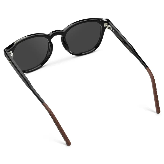 Black / Grey || Back view of Men's Round Prescription Sunglasses with Black Frame and Grey Oval Lens on a white background