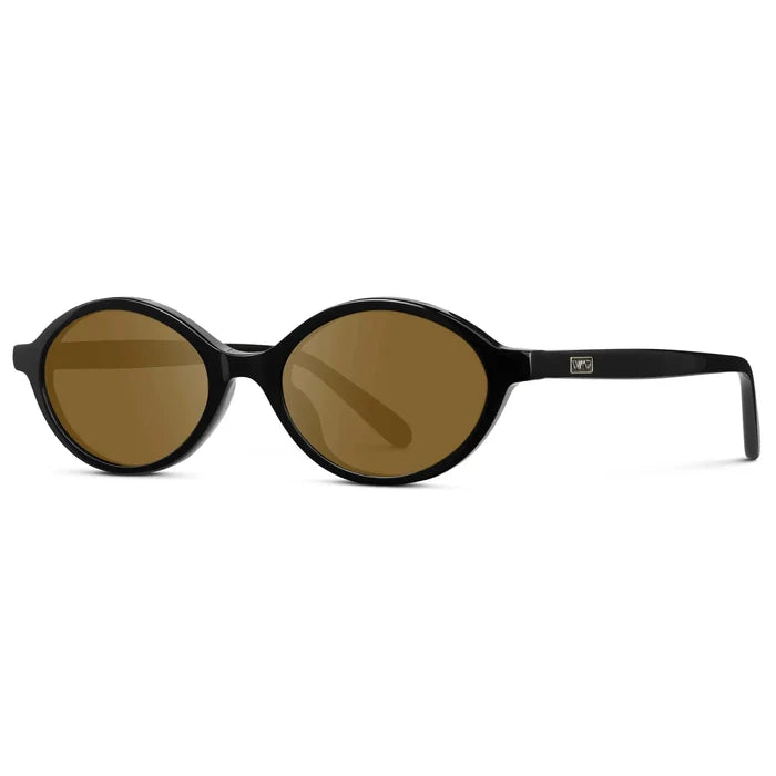 Black / Amber || Side view of Women's Prescription Sunglasses with Black Acetate Frame and Amber Lens on a white background