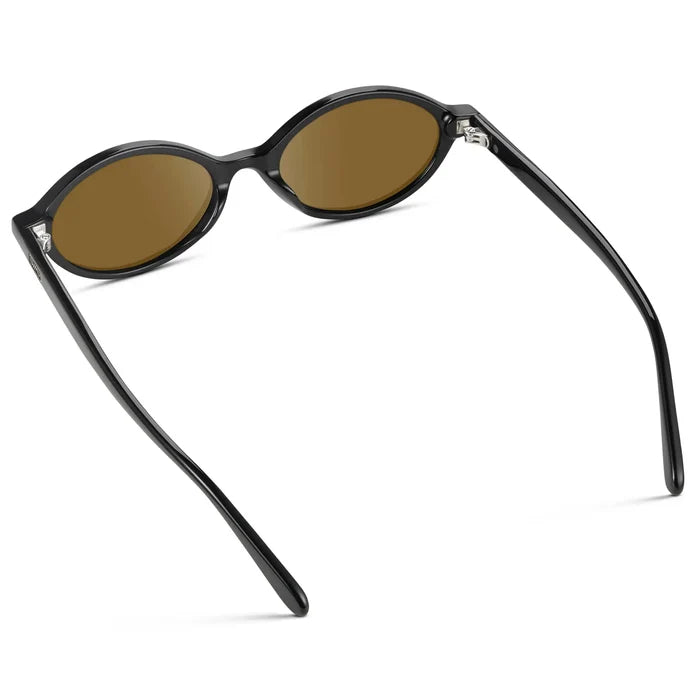 Black / Amber || Back view of Women's Prescription Sunglasses with Black Acetate Frame and Amber Lens on a white background