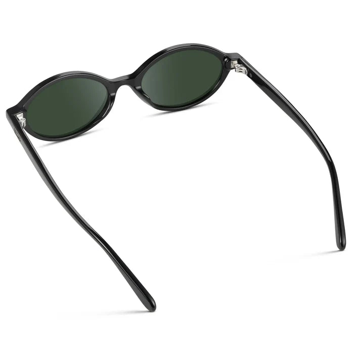 Black / G15 || Back view of Women's Prescription Sunglasses with Black Acetate Frame and Green Lens on a white background