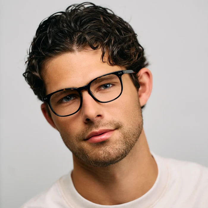 Obsidian Gold Tortoise || Male model wearing rectangular Blue Light blocking glasses with Obsidian Gold Tortoise acetate frame