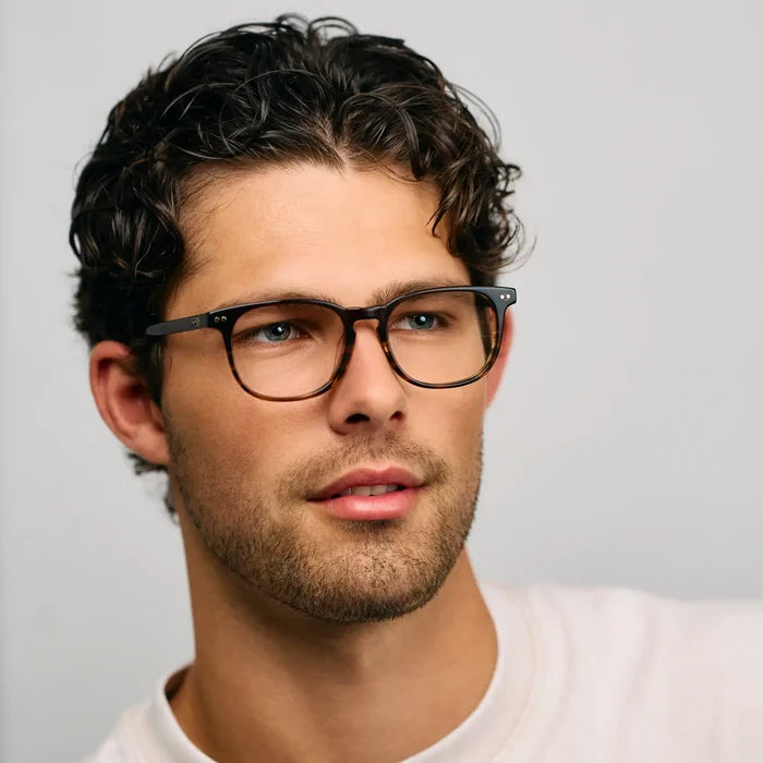 Rye Brown || Model wearing Men's Rectangular Prescription Eyeglasses with Rye Brown Acetate Frame and Clear Lens