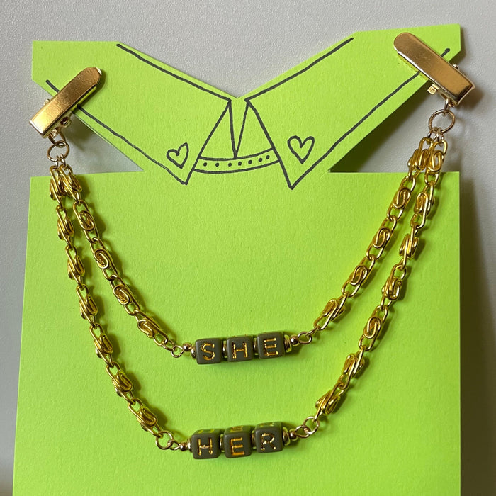 She/Her (Gray Blocks w/ Gold Chain) COLLAR CLiP CHAiN