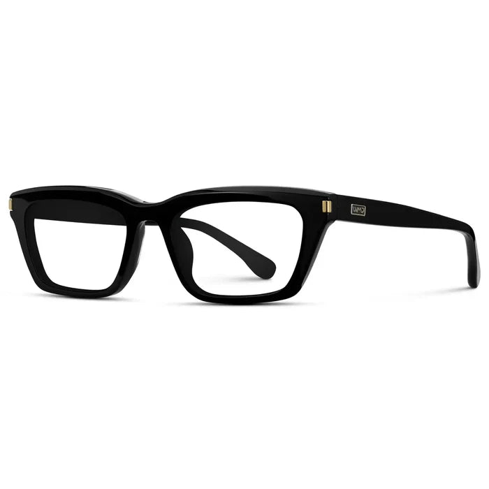 Black || Side view of Women's Cat Eye Prescription Eyeglasses with Black Frame and Clear Lenses on a white background