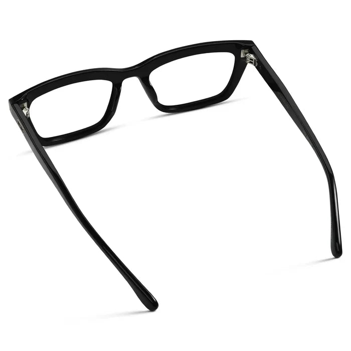 Black || Back view of Women's Cat Eye Prescription Eyeglasses with Black Frame and Clear Lenses on a white background