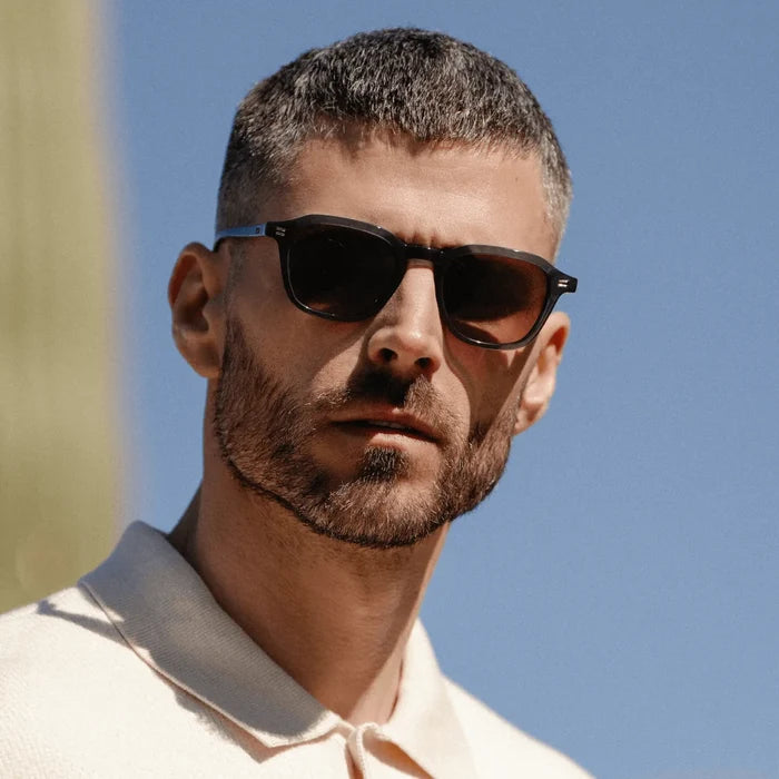 Crystal Steel Blue / Brown Gold Gradient Lens || Men's Geometric Square Sunglasses with Crystal Steel Blue Acetate Frame and Brown Gold Gradient Polarized Lens