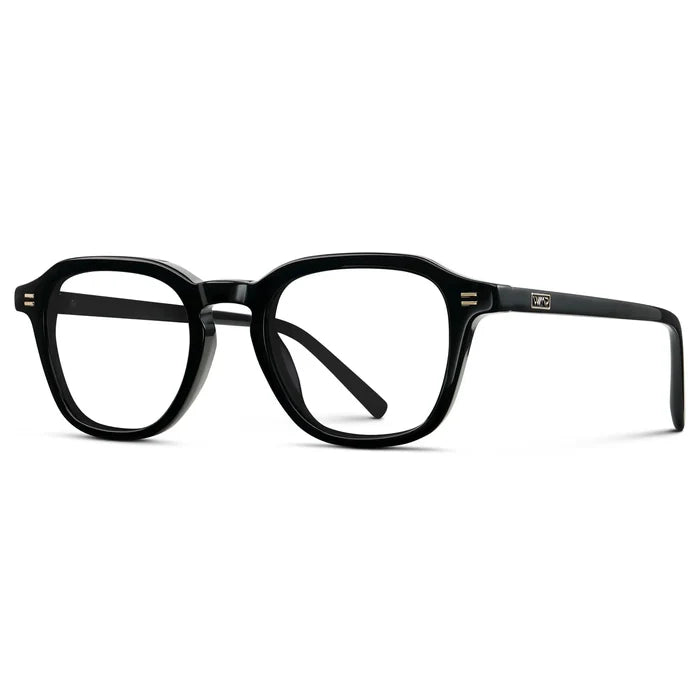 Black || Side view of Men's Geometric Square Eyeglasses with Black Acetate Frame and Clear Prescription Lens on a white background