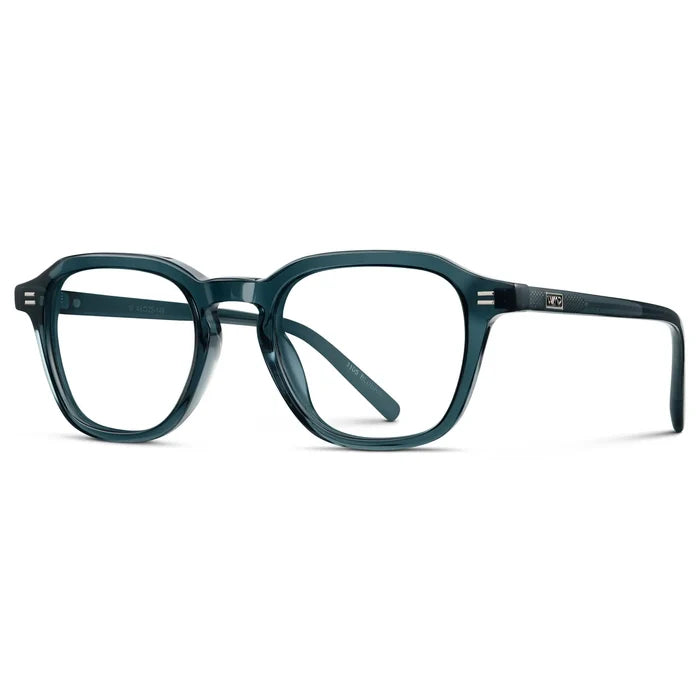Crystal Steel Blue || Side view of Men's Geometric Square Eyeglasses with Crystal Steel Blue Acetate Frame and Clear Prescription Lens on a white background