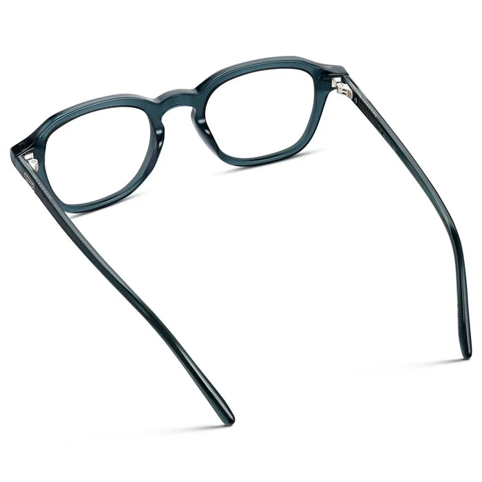 Crystal Steel Blue || Back view of Men's Geometric Square Eyeglasses with Crystal Steel Blue Acetate Frame and Clear Prescription Lens on a white background