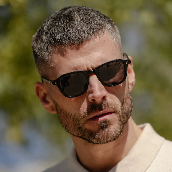 Black / Grey || Model wearing Men's Geometric Square Prescription Sunglasses with Black Acetate Frame and Grey Lens
