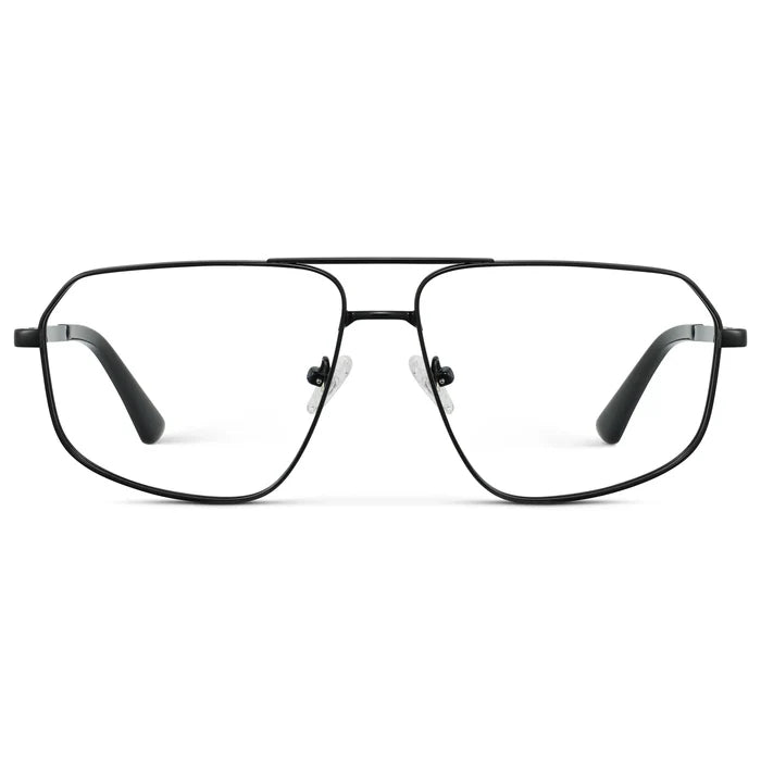 Black || Women's Geometric Stainless Steel Aviator Prescription Glasses with Black Frame and Clear Lens on a white background