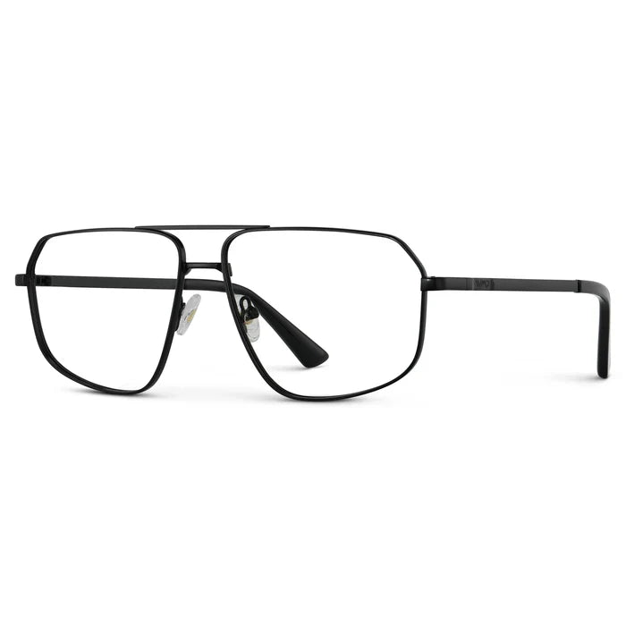 Black || Side view of Women's Geometric Stainless Steel Aviator Prescription Glasses with Black Frame and Clear Lens on a white background