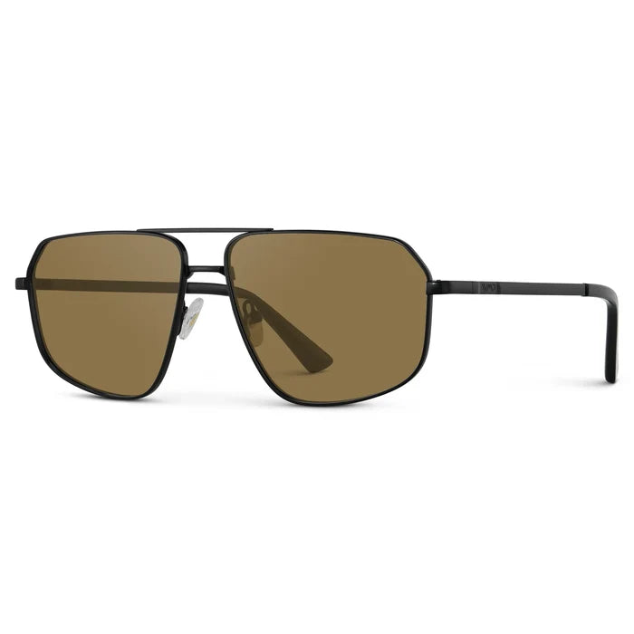 Black / Amber || Side view of Women's Geometric Stainless Steel Aviator Prescription Sunglasses with Black Frame and Brown Lens on a white background