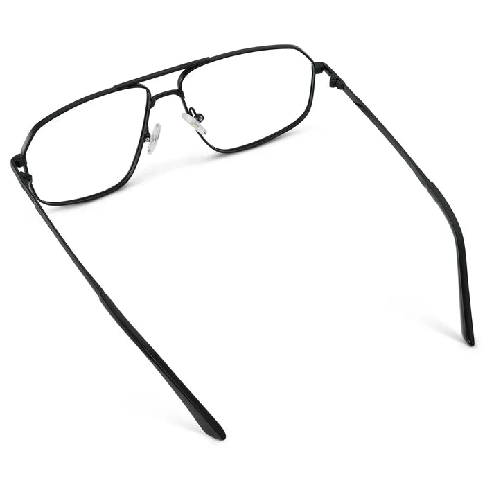 Black || Back view of Women's Geometric Stainless Steel Aviator Prescription Glasses with Black Frame and Clear Lens on a white background